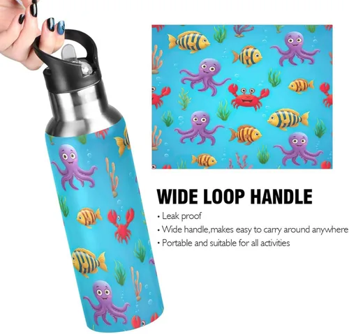 Vista 4 de Stainless Steel Water Bottle 20 Oz, Leakproof Water Bottles for Gym Outdoor Travel School, Cute Colorful Cartoon Fish