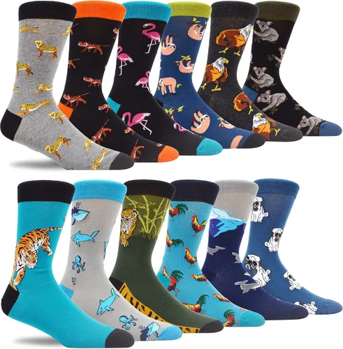 Vista 8 de Makabo- Calcetines de vestir coloridos, divertidos y casuales para hombre., 12 pares - Animales de la selva, 13-15