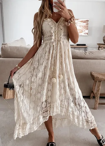 Vista 4 de Vestido de verano para mujer, cuello en V, tirantes delgados, sin mangas, cintura alta, bohemio, para boda, playa, casual, maxivestidos largos