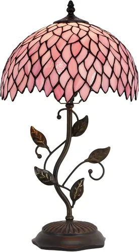 Vista 9 de Tiffany Table Lamp, Stained Glass Desk Light, W12H19 Inch, Metal Leaf Base (Sea Blue Pearl Style)