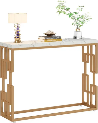 Vista 9 de Tribesigns Mesa consola moderna para entrada, mesa de sofá de 42.5 pulgadas con mesa de mármol sintético, muebles de entrada de madera de ingeniería