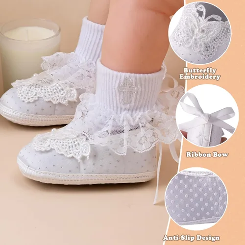 Vista 8 de Booulfi Calcetines para bebé, botines blancos para recién nacidos, zapatos de bautizo, calcetines para bebé, bautizo, trajes de Pascua