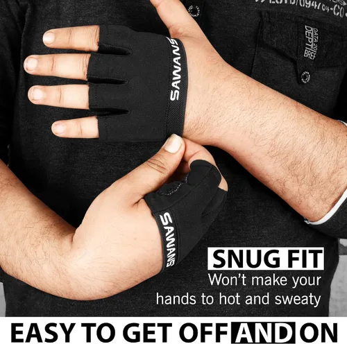 Vista 4 de SAWANS Guantes de entrenamiento antideslizantes para hombres y mujeres, levantamiento de pesas, gimnasio, ejercicio, fitness, negro, minimalista