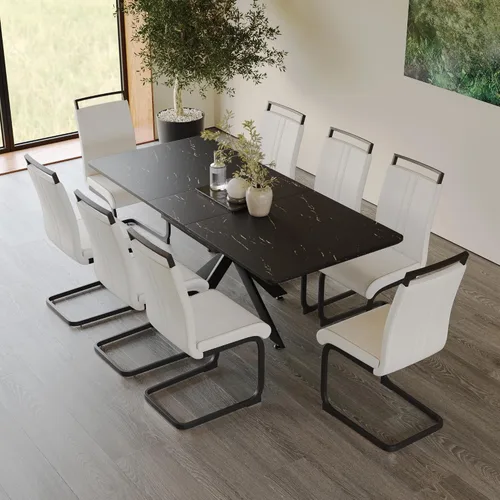 Vista 6 de Mesa de comedor de mármol para 4-8, mesa de comedor extensible de 62.4 a 78.15 pulgadas, mesa de cocina moderna, mesa rectangular que ahorra espacio