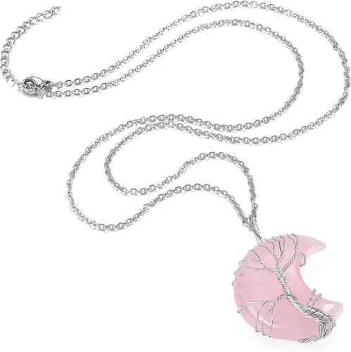 Vista 3 de MANIFO Collar de cristal curativo, árbol de la vida, con alambre envuelto en luna creciente, piedras preciosas con cristales y piedra para mujer