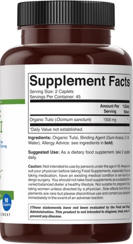 Vista 4 de Brieofood Tulsi Orgánico (albahaca sagrada) 1500 mg, 45 porciones, vegetariano, sin gluten, 90 tabletas vegetarianas (paquete de 2)