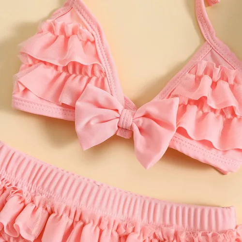 Vista 4 de Yccutest Traje de baño de flores para bebé, 3 piezas, parte superior triangular, parte inferior con volantes, sombrero para el sol, conjunto
