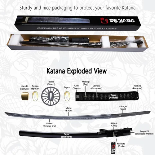 Vista 3 de Katana Real Samurai Sword, Handmade Japanese Swords Full Tang 1060 1090 T10 Carbon Steel, for Training, Collecting, Dojo, Lovers of Japanese Culture