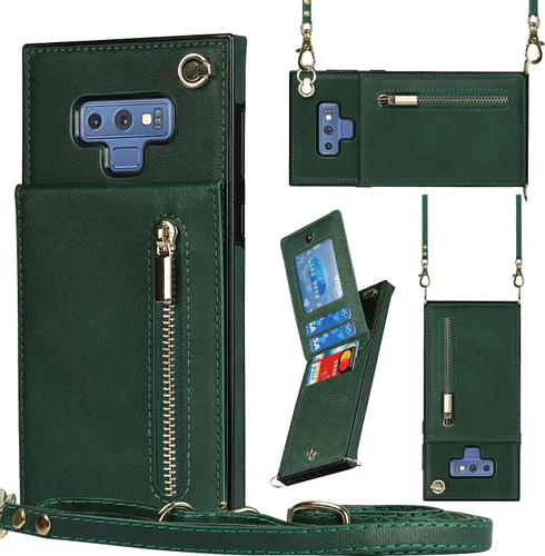 Vista 23 de Funda para teléfono Samsung Galaxy Note 9 con correa cruzada, tarjetero de cuero, ranuras de crédito, soporte magnético, accesorio para celular