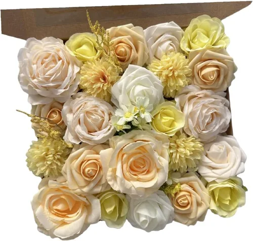 Vista 18 de Caja de flores artificiales azul marino, rosas de dalias de seda con tallos para manualidades, ramos de boda, centros de mesa, arreglos, decoración