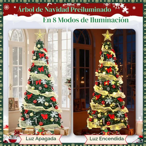 Vista 6 de Árbol de Navidad artificial preiluminado de 1,8 m, con control remoto, 150 luces LED cálidas, cinta dorada, fácil de montar, plegable