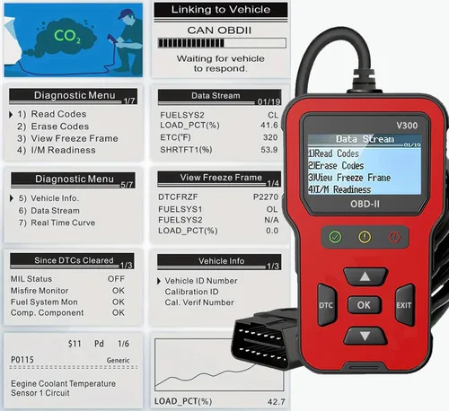 Vista 4 de OBD V300 2 escáner Check Engine Lector de código claro de datos en vivo Congelación Marco de preparación I/M Vehículo VIN Búsqueda de emisiones
