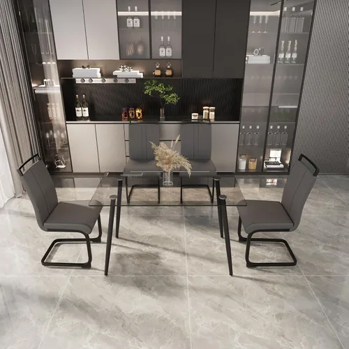 Vista 18 de Juego de mesa de comedor de cristal moderno para 4, juego de mesa de cocina rectangular, juego de mesa de comedor de 5 piezas con 1 mesa de vidrio