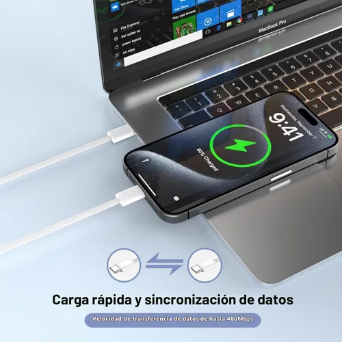 Vista 5 de Cargador de Carga Rápida para iPhone 16 15, Paquete de 2 Cargador USB C PD de 20W Bloque Tipo C con Cable de Carga Rápida USB C a C Cable Tejido