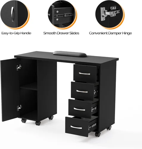 Vista 5 de OmySalon Mesa de Manicura con Gabinete, Cajones, Ruedas y Reposamuñecas, Estación de Trabajo de Madera para Salón de Spa y Belleza, Equipo de Arte
