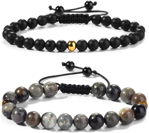 Vista 20 de Pulseras de cuentas negras para hombres y niños: 0.236 in de obsidiana ónix cuentas de lava para hombre conjunto de pulseras para hombre - Genial