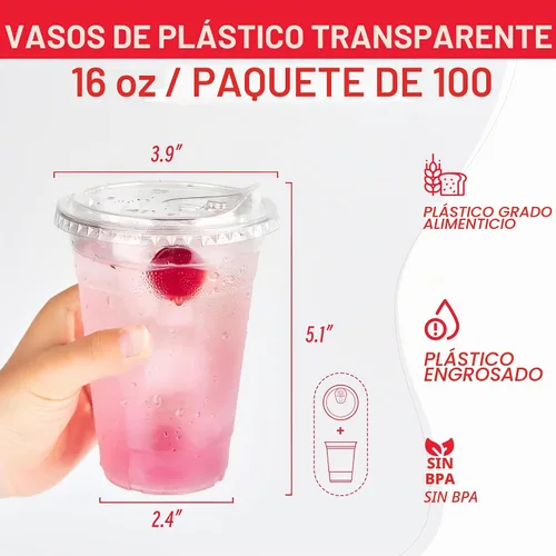 Vista 6 de Vasos de plástico con tapas de 16 onzas, paquete de 100 tazas de café helado desechables transparentes con tapas para sorber sin pajilla, taza