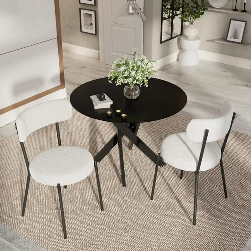 Vista 38 de Moderno juego de mesa de comedor redonda de 3 piezas, mesa de MDF circular negra y 2 sillas de comedor negras Boucle, muebles de cocina con marco