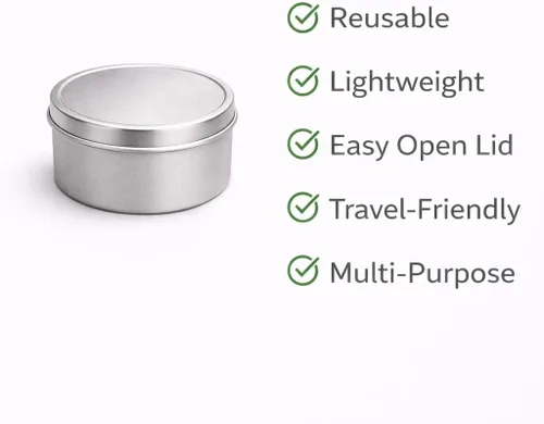 Vista 7 de Recipiente redondo de aluminio con tapa, plateado, almacenamiento reutilizable para velas, cremas, especias, viajes