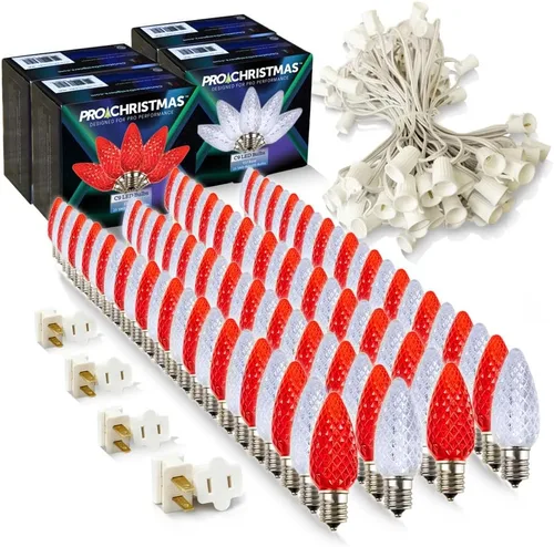 Vista 62 de Pro Christmas - Kit de luces C9 para exteriores, blanco cálido, cable verde, 50 bombillas, 50 pies