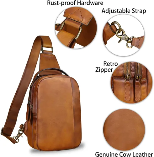Vista 6 de LRTO Bolso de cuero genuino para hombres y mujeres, mochila bandolera de cuero real para el pecho, bolso cruzado, Marrón, Mochilas Sling