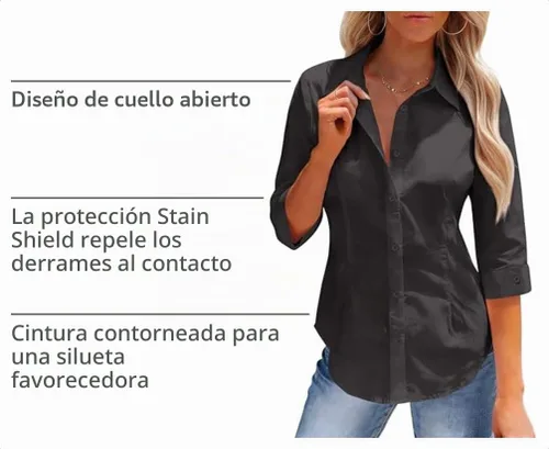 Vista 4 de siliteelon 3/4 Sleeve Button Down Shirts for Women Stain Shield Blouses Top Negro