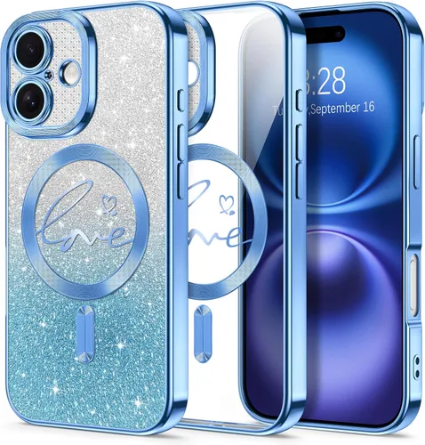 Vista 168 de Hython Funda para iPhone Air con purpurina, compatible con MagSafe Love Heart fundas magnéticas transparentes para teléfono para mujeres y niñas