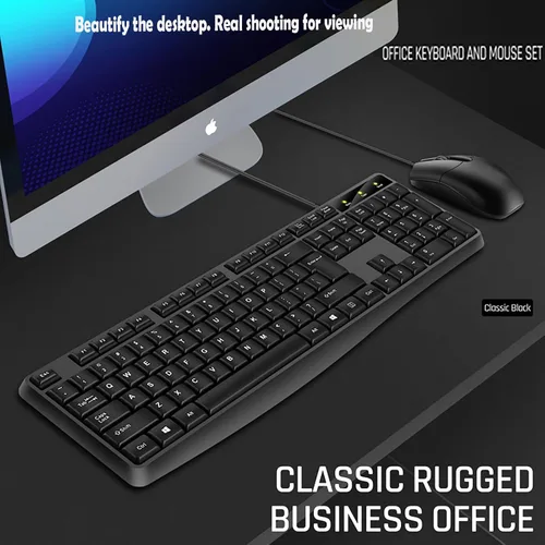 Vista 7 de Teclado y mouse con cable, teclado con cable de 104 teclas con teclado numérico, indicadores LED, ergonómico, cómodo juego y enchufe
