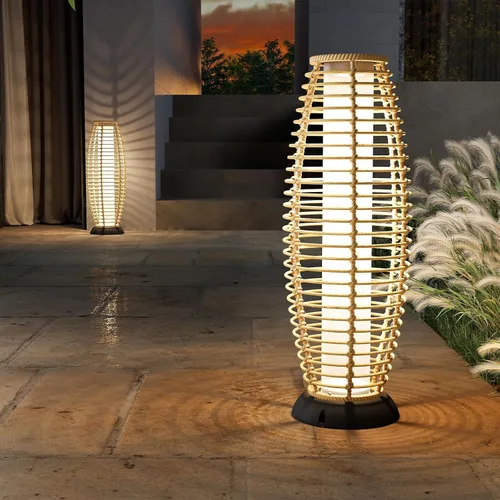Vista 2 de Solar Yard Lámpara de pie para exteriores, luces de patio, farol con energía solar, resistente a la intemperie, luces de mimbre para terraza