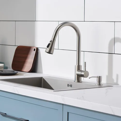 Vista 2 de Dispensador de jabón para fregadero de níquel cepillado, dispensador de jabón para fregadero de cocina de acero inoxidable con recarga desde arriba