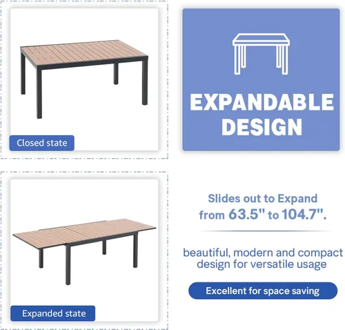 Vista 7 de Soleil Jardin Mesa de Comedor Extensible de Aluminio para Patio, 63" - 105", Mesa Rectangular Ajustable para Interiores y Exteriores con Superficie