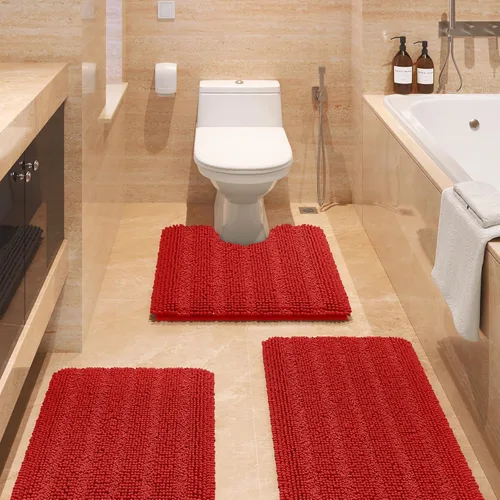 Vista 25 de ACCUMTEK - Juego de alfombras de baño a rayas beige de 3 piezas, ultrasuaves, antideslizantes de chenilla, alfombras de baño mullidas y absorbentes