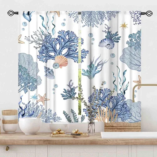 Vista 25 de Cortinas costeras, temática de playa de verano, acuarela, medusas náuticas, estrellas de mar, concha, caballito de mar, azul, opacas, cortinas