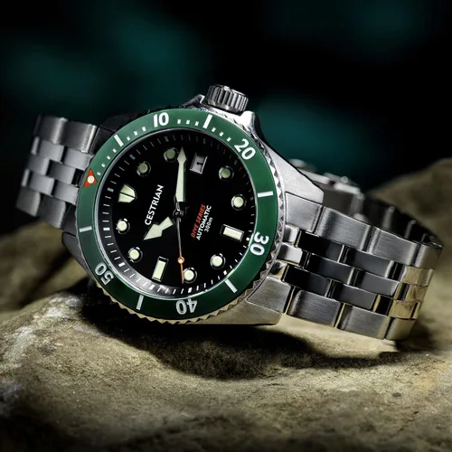 Vista 5 de Cestrian Dive Series Black Dial Green Ceramic Bezel Steel Bracelet Automatic 300M Mens Watch