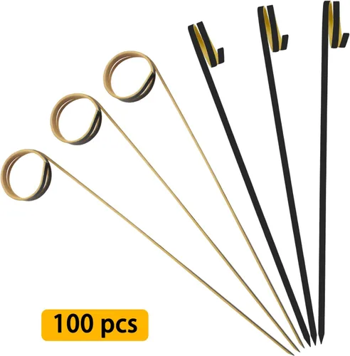 Vista 3 de BLUE TOP Palillos de Cóctel de Bambú 100 PIEZAS Brochetas de Bambú Negro de 4 Pulgadas con Anillo en Bucle, Palillos para Comida, Palillos