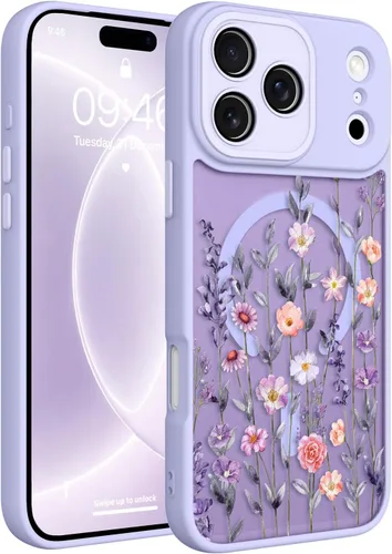 Vista 56 de Magnético para iPhone 13 con protector de pantalla [Compatible con MagSafe] Diseño de patrón floral de flores bonitas, funda delgada a prueba