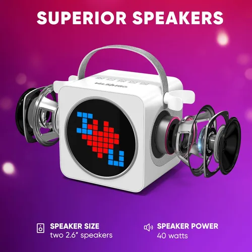 Vista 5 de MASINGO Mini máquina de karaoke portátil para niños y adultos con micrófonos Bluetooth inalámbricos duales, pantalla LED animada, USB/Aux/MicroSD