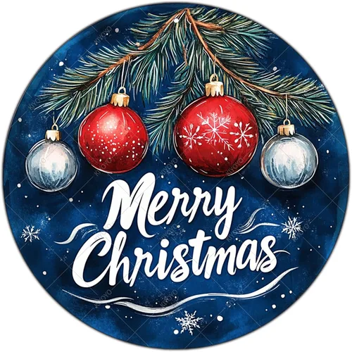 Vista 26 de Letrero redondo de metal rústico para decoración de pared, placa de decoración de pared con texto en inglés "Merry Christmas" azul y plateado