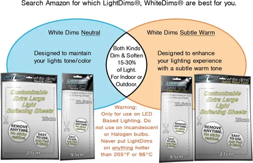 Vista 5 de LightDims White Dims - Hojas de atenuación/ablandamiento para luces LED duras, tamaño extra grande (2 hojas), embalaje al por menor de color cálido