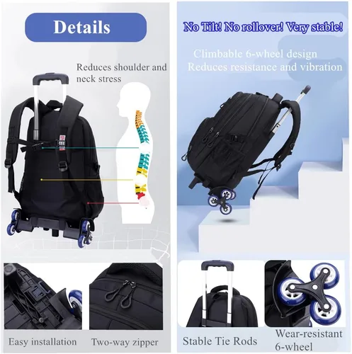 Vista 5 de EKUIZAI Bolsas de carretilla de color sólido Mochila para niños de escuela secundaria, escuela primaria, mochila rodante al aire libre, Gris