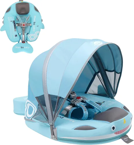 Vista 12 de Mambobaby Flotador para bebé con toldo y cola, flotador no inflable para piscina, correa de seguridad ajustable, entrenador de natación para niños
