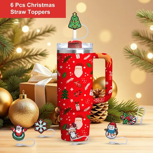 Vista 6 de Tapa superior de pajita de silicona de Navidad para vaso Stanley Cup de 30 y 40 oz, accesorios para termos, tapas de cubierta a prueba de polvo