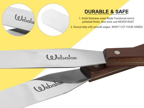 Vista 4 de Webake Juego de 2 espátulas rectas para tartas, esparcidor de glaseado de 14 pulgadas con mango de madera, espátula profesional de acero inoxidable