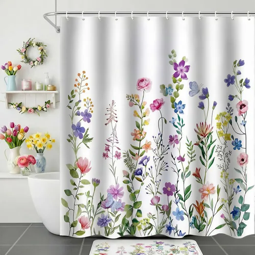 Vista 2 de Cortina de ducha floral de primavera, cortinas de ducha de plantas de flores silvestres para baño, cortina de baño de tela de poliéster impermeable