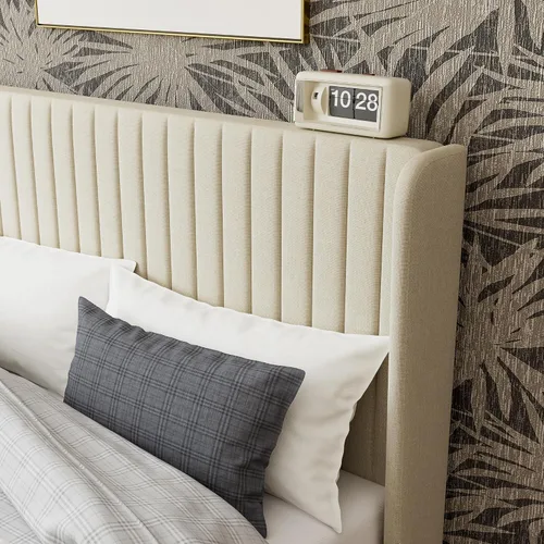 Vista 5 de GOLDORO Marco de cama King Size con base elevada, cabecera tapizada con botones verticales y alas, soporte de listones de madera, no necesita