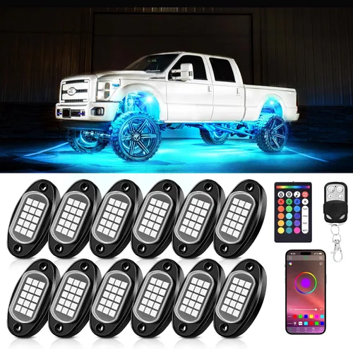 Vista 11 de Luces RGB para Rocas, 8 pods Kits de Luces Underglow de Neón, Control Remoto APP/RF y Modo Musical, Lámparas Inalámbricas Impermeables Multicolor