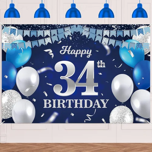 Vista 77 de Bandera de feliz primer cumpleaños con fondo azul marino, globos, confeti, bandera de rayas, luces de puntos, felicitaciones por el tema de 1 año