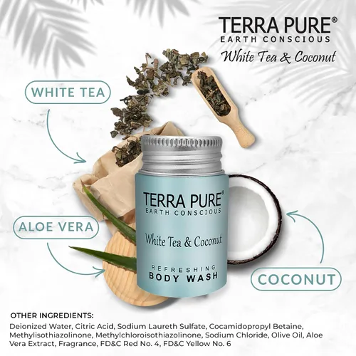 Vista 4 de Terra Pure White Tea & Coconut Body Wash, comodidades de hotel tamaño viaje, 1 onza (caja de 300)