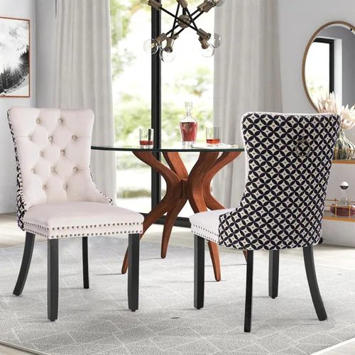 Vista 55 de Juego de 2 sillas de comedor de terciopelo con patas de madera, color beige Mid Century Modern Dining Chairs,Upholstered Chairs with Nailhead