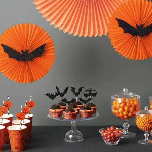 Vista 5 de 30 piezas de decoración de murciélagos de Halloween para cupcakes de murciélago con purpurina negra para Halloween, decoración de pasteles de Negro